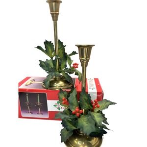 2 Vintage Solid‎ Brass Candlesticks Set Christmas Silk Rings / Wreaths 10" Tall